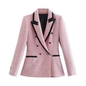 Elegant Pink Textured Blazer Women Long Sleeve Contrast Piping Double Breasted